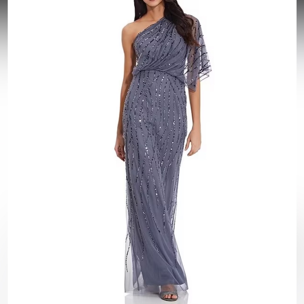 Adrianna Papell Embellished Sequins One Shoulder Illusion Sleeve Gown - NWT